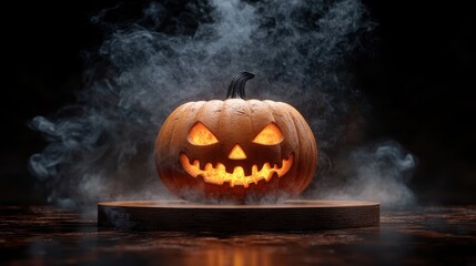 Halloween Jack o  Lantern with Smoke on Wooden Platform