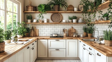 Modern Kitchen Interior Design with Wooden Shelves  White Cabinets  and Green Plants