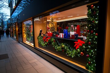 A beautifully decorated holiday window display, with seasonal products and festive lights attracting shoppers