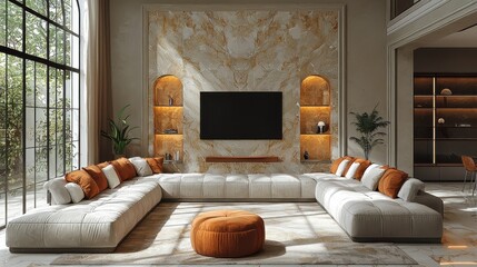 Fototapeta premium Modern Living Room Interior Design with White Sectional Sofa Orange Pillows and TV