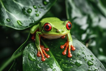 Fototapeta premium Red-eyed tree frog on green leaves, Close up shot