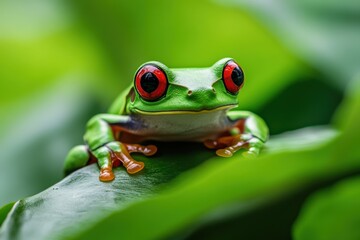 Red-eyed tree frog on green leaves, Close up shot
