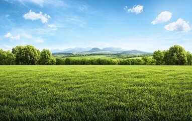 Fototapeta premium Green field with clear blue sky and mountains