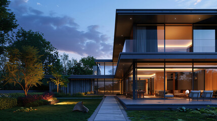 Obraz premium A modern house exterior is illuminated at dusk, showcasing large glass windows and a spacious landscaped yard with trees for architecture.