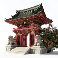 Fototapeta premium 3D Render of a Japanese temple with guardian lion-dog statues (shishi), on isolated white background