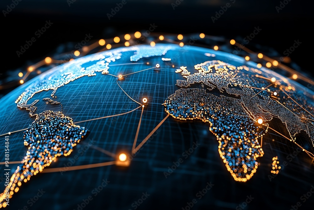 Poster A graphic of a global network, with interconnected nodes and data points, symbolizing worldwide digital communication