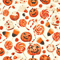 A playful pattern features various Halloween-themed candies, pumpkins, and lollipops in vibrant orange and black colors for culture & religion.