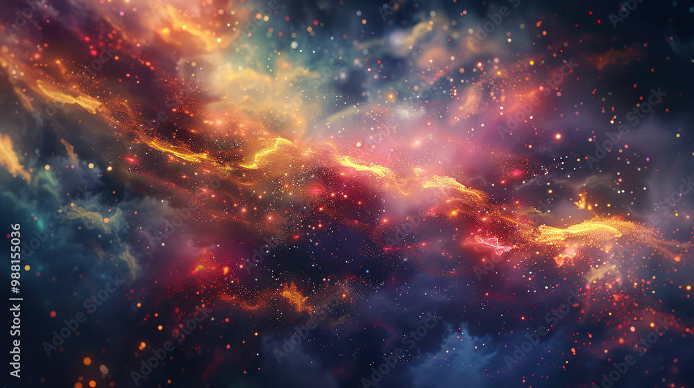 Poster an artistic cosmic scene depicts colorful nebulae and stars swirling in a dark expanse, creating a c