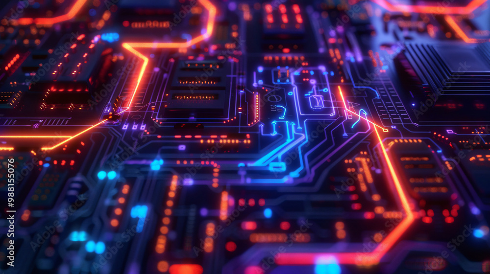 Poster a detailed close-up of a printed circuit board features colorful illuminated pathways and electronic