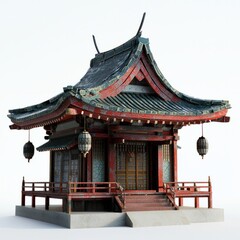 Obraz premium 3D Render of a Japanese temple with intricate roof tiles and hanging lanterns, on isolated white background