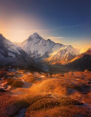 Naklejka premium Snow-capped peaks in a remote mountain range, surrounded by untouched wilderness