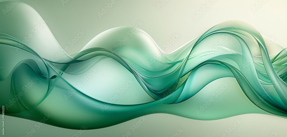 Poster an abstract image features flowing green waves with a soft gradient, creating a serene and soothing 
