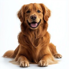 A cheerful golden retriever sits gracefully, showcasing its playful nature and beautiful, fluffy coat against a clean backdrop.