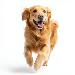 A happy golden retriever runs joyfully, embodying playfulness and energy, perfect for showcasing companionship and joy.