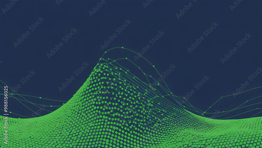 Poster abstract illustration featuring a wave-like pattern of green dots against a dark blue background, re