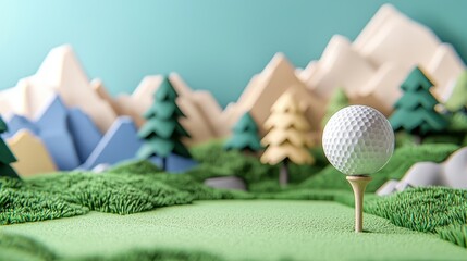 Golf Ball on Green with Mountains Background