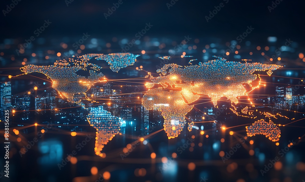 Leinwandbilder world map of interconnected glowing lines and digital data streams