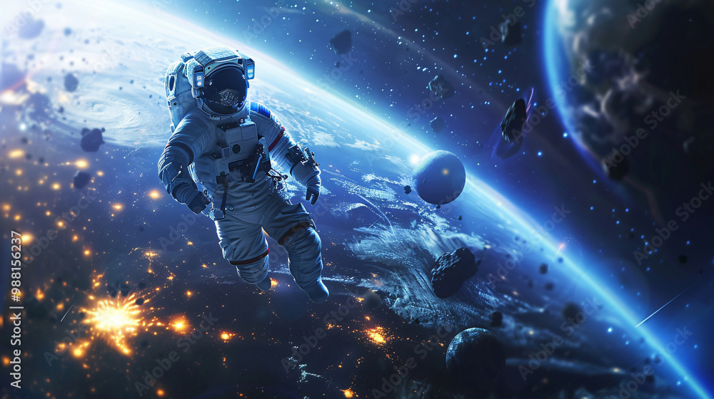 Poster dramatic image of an astronaut floating in space with planets and stars in the background, creating 