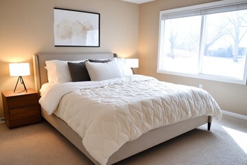 A cozy bedroom with soft lighting and neutral tones, creating a peaceful space for rest and relaxation