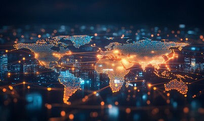World Map of Interconnected Glowing Lines and Digital Data Streams