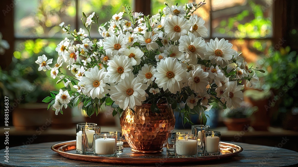 Canvas Prints white flowers in copper vase with candles on wooden table