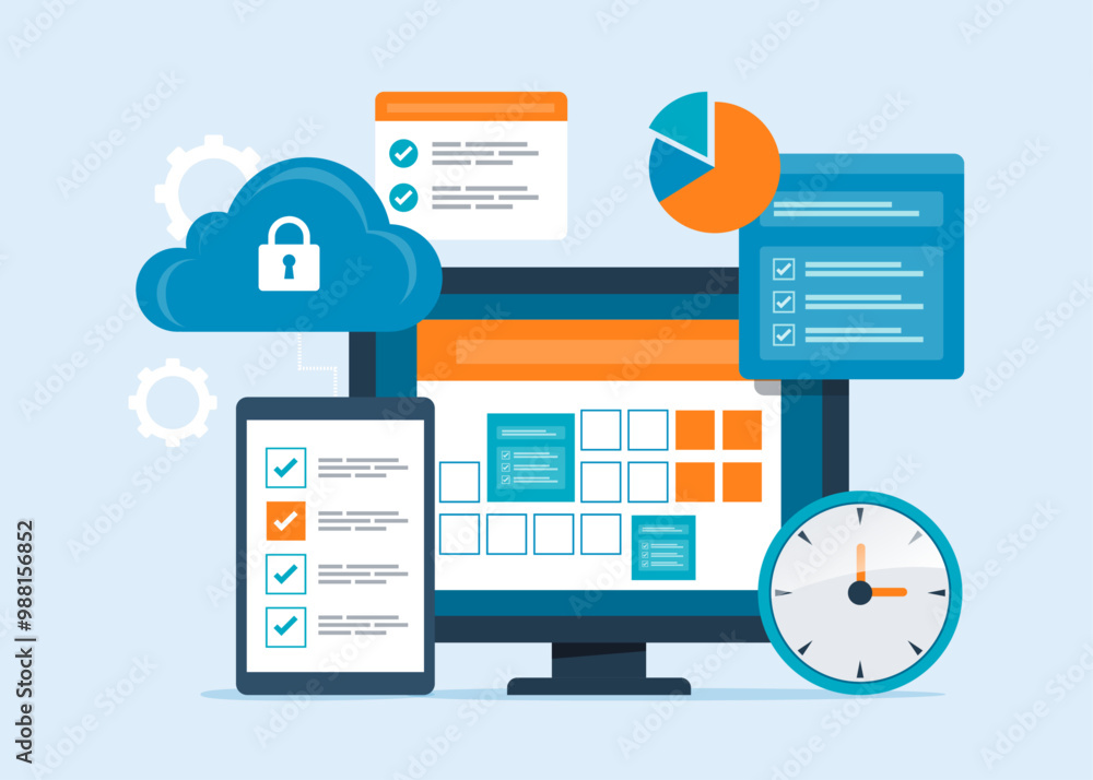 Aufkleber flat vector illustration design business planning concept. online calendar connected with cloud serv