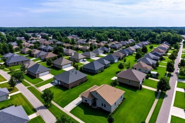 Obraz premium A drone view of a suburban neighborhood, showing rows of homes, green lawns, and tree-lined streets