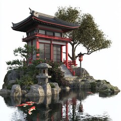 3D Render of a Japanese temple with stone lanterns and tranquil koi pond, on isolated white...