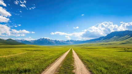 Fototapeta premium A wide-open grassland with a dirt road leading towards the mountains, all beneath a bright blue sky. Perfect for rural travel scenes