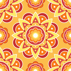Seamless pattern. Red and orange symmetrical ethnic mandala on yellow background. Oriental pattern. Indian or Arabic mandala. Diwali festival. Fabric, wrapping paper.