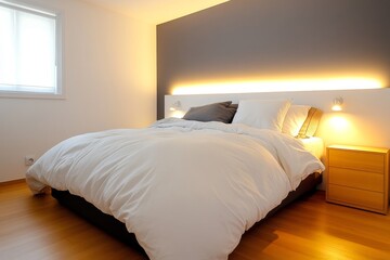 A minimalist bedroom with an accent wall, featuring a simple bed, a nightstand, and soft lighting