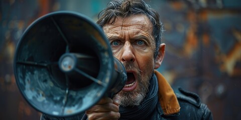 Man with Megaphone in an Urban Setting