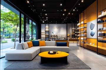 A modern boutique store interior, with stylish decor, minimalist furniture, and carefully curated products