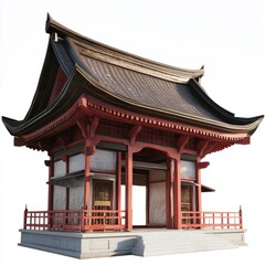 3D Render of a traditional Japanese temple with curved roofs and wooden beams, on isolated white...