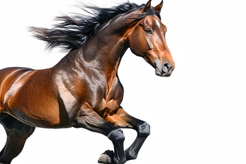 Fototapeta premium A brown horse with a black mane and tail runs on a white background.