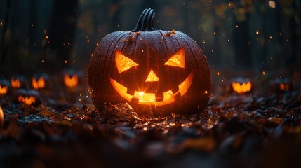 Fototapeta premium Glowing Jack-o-Lantern Surrounded by Mysterious Pumpkins in Eerie Outdoor Setting with Copy Space