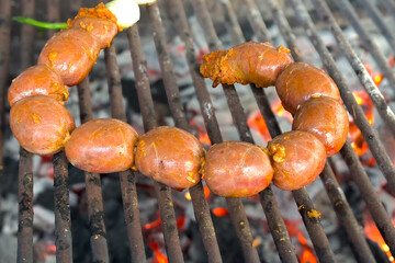 Grilled sausage. Fire-grilled meat for dinner