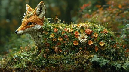Fototapeta premium Fox Camouflaged in Flowers and Foliage