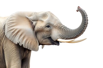 Close up of a large African elephant with its trunk raised, facing the left of the frame, isolated on white background.