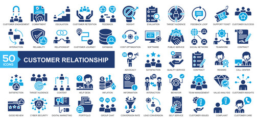  Customer Relationship icon collection Glyph Color Style.customer engagement, commitment, escalation, customer retention , and customer feedback