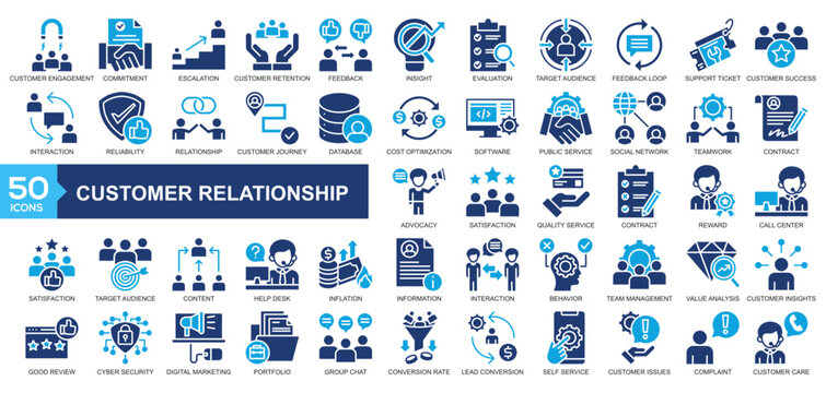  Customer Relationship icon collection Glyph Color Style.customer engagement, commitment, escalation, customer retention , and customer feedback