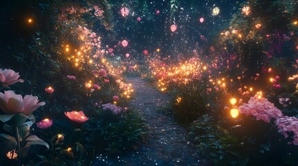 A night garden filled with glowing flowers, soft lighting creating a mystical ambiance