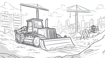 Bulldozer on Construction Site with Cityscape Background