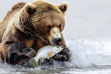 Obraz premium A brown bear catches a fish in the water.