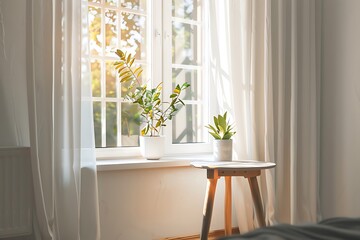 Modern Living Room with Large Window and Green Views, white and brown color interior design with abstract wall and sofa background with green plants with the mirror in the background of the interior
