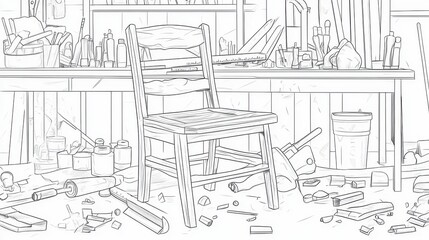 Obraz premium A Messy Workshop with a Chair in the Center