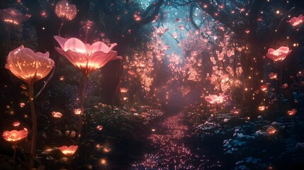 Fantasy garden scene with ethereal glowing flowers and mystical lights, creating a surreal and enchanting backdrop
