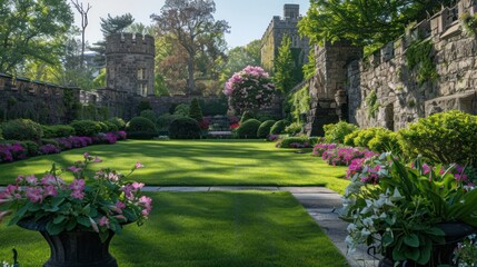 A serene garden with stone walls and lush greenery