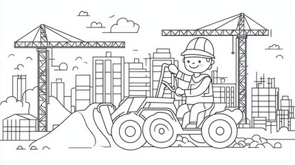 Construction Worker Driving a Vehicle in a Cityscape