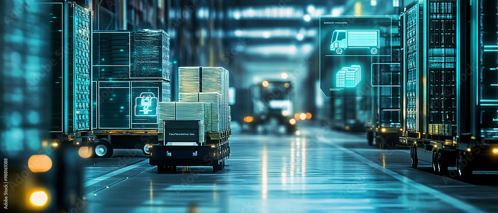 Poster businessmen use ai in logistics management for real-time tracking optimizing inventory levels and en